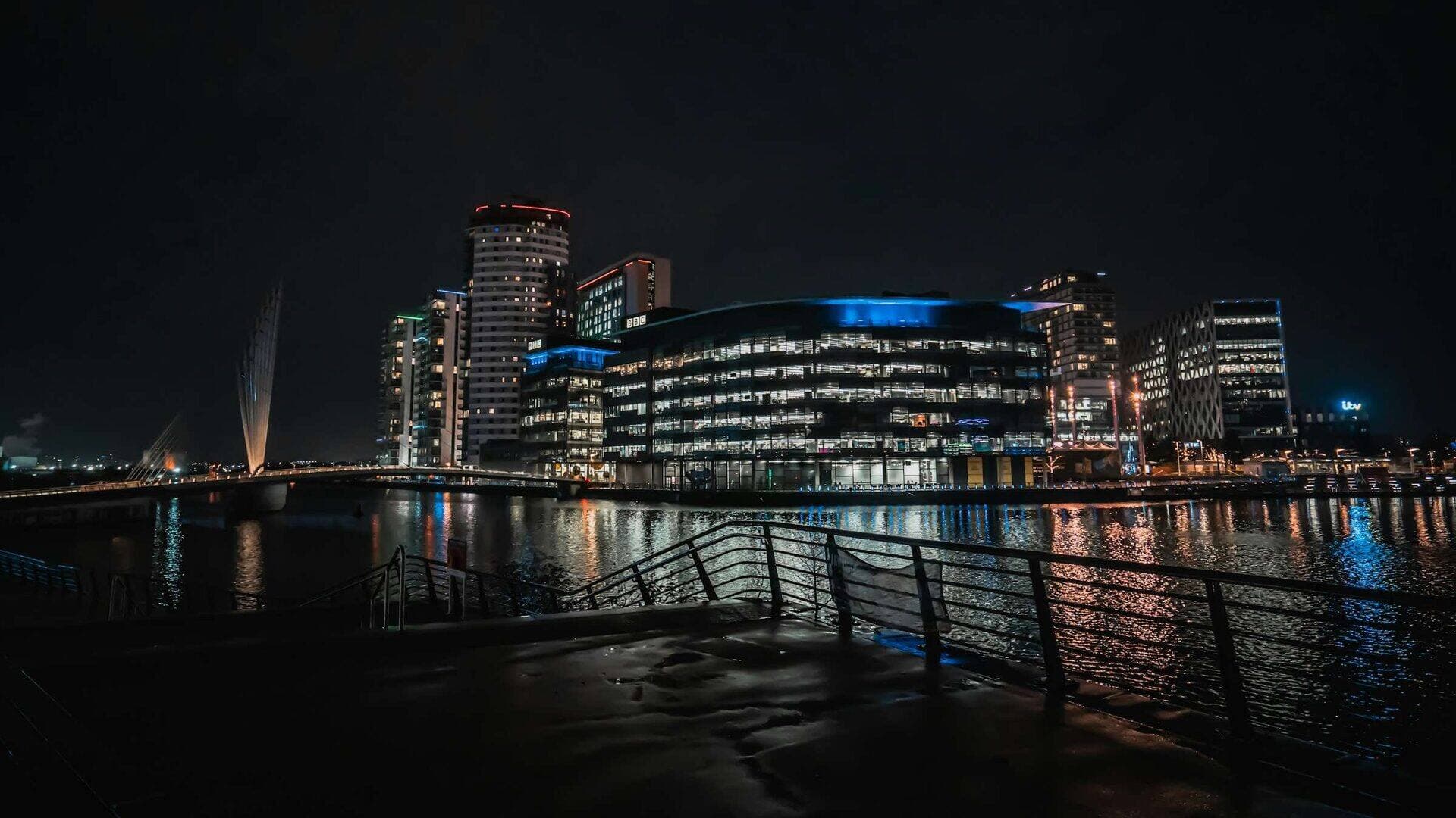 MediaCityUK Manchester waterfront at night